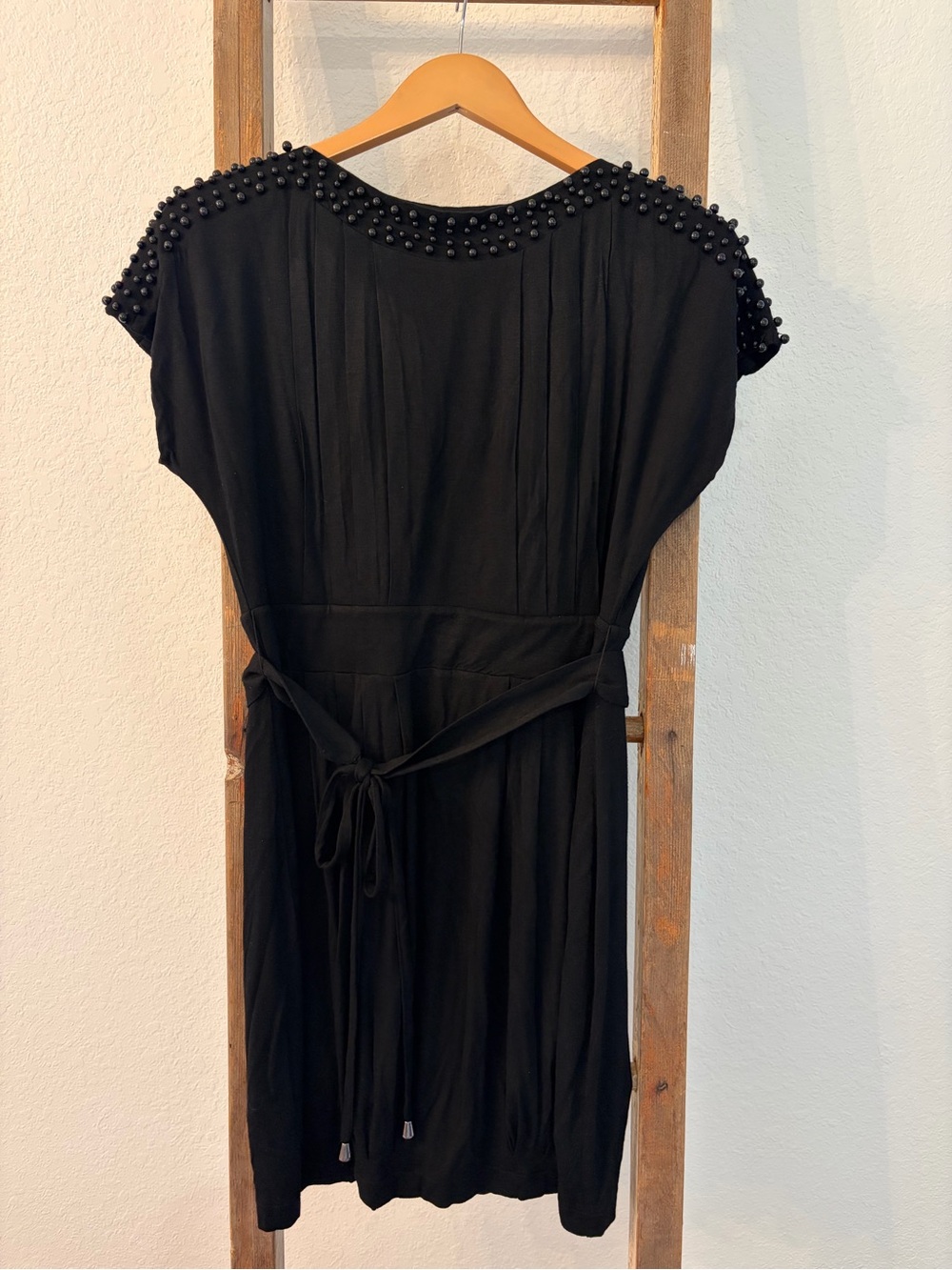 Twelve by Twelve Black Beaded Shoulder Tie-Waist Midi Dress
